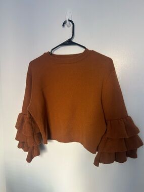Rust Ruffle Sleeve Cropped Sweater